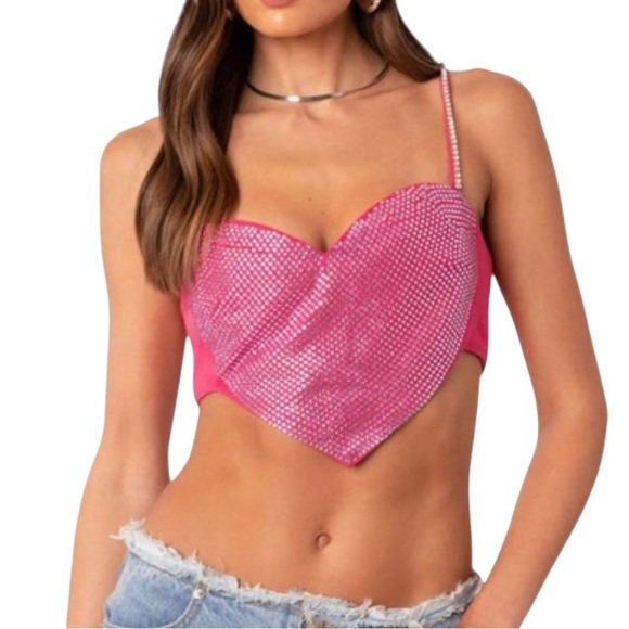 Peekskill Pink Rhinestone Heart Crop Top - Picture 1 of 6